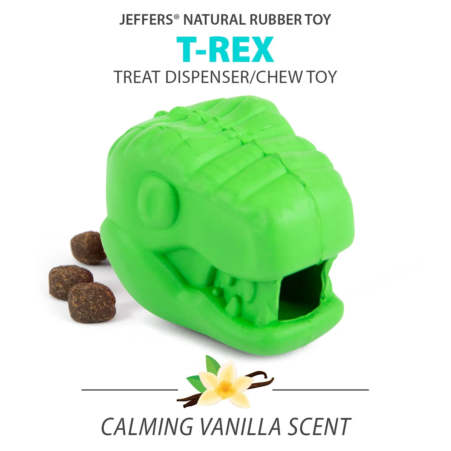 Jeffers T-Rex Natural Rubber Treat Dispensing Dental Dog Chew Toy for Medium Chewers with Vanilla Scent - Image 4