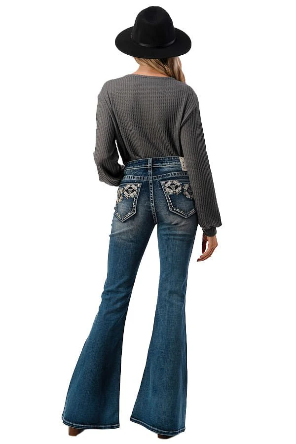 Grace in LA Women's Western Aztec Embellished Mid Rise Flare Jeans - Image 2