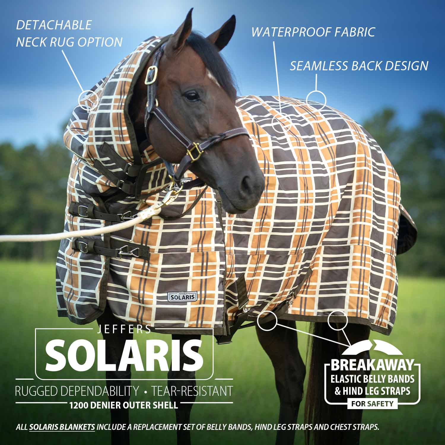 Jeffers Solaris Horse Turnout Blanket with Neck Rug, 1200D, Medium Weight 240g Fill, Brown & Cream Plaid - Image 3