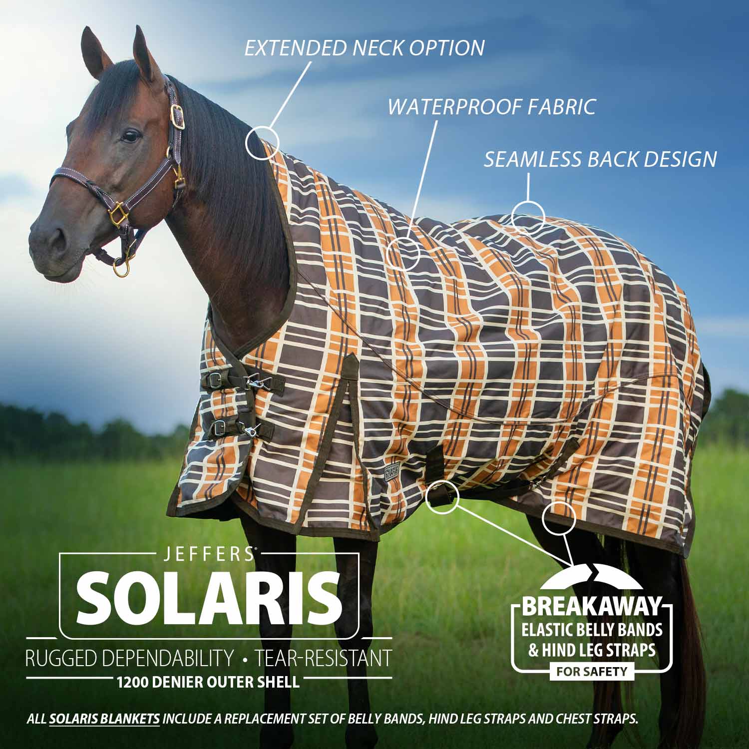 Jeffers Solaris 1200D Extended Neck Horse Turnout Blanket, 240g Fill, Brown & Cream Plaid - Image 2