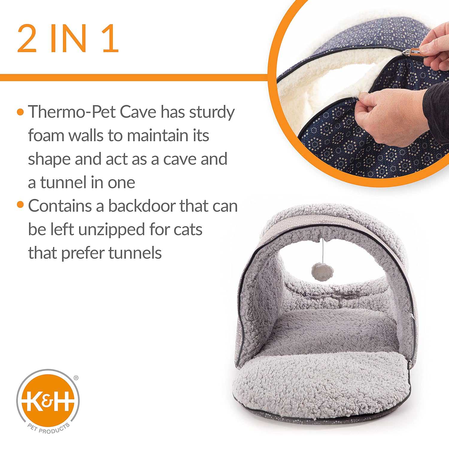 K&H Pet Products Thermo-Pet Cave Heated Cat Bed – Plush Cat Cave & Tunnel for Cats and Small Dogs - Image 3