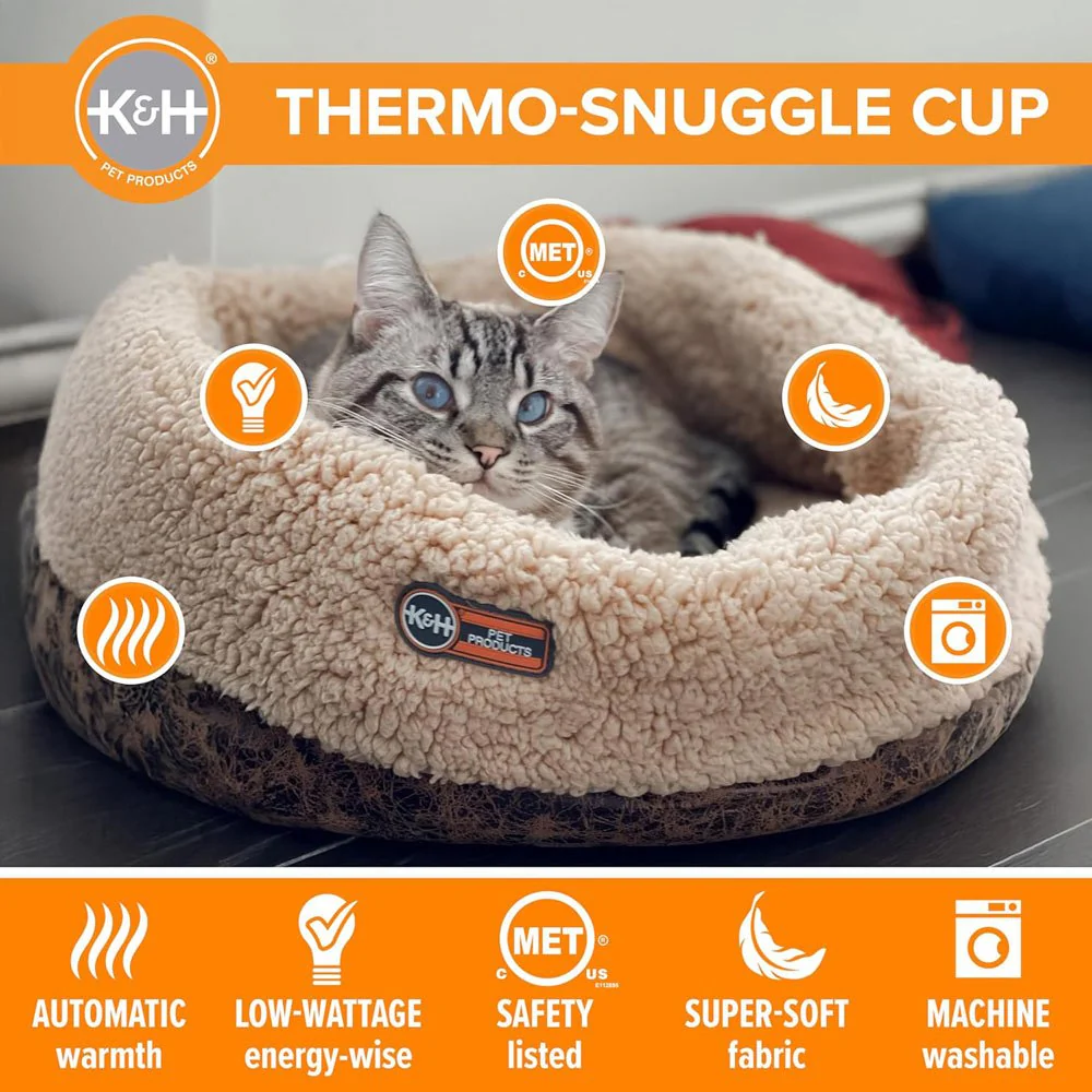 K&H Thermo-Snuggle Cup Bomber Heated Cat Bed – Plush, Indoor, Removable Heater, Machine Washable, Cozy Nesting Bed - Image 3