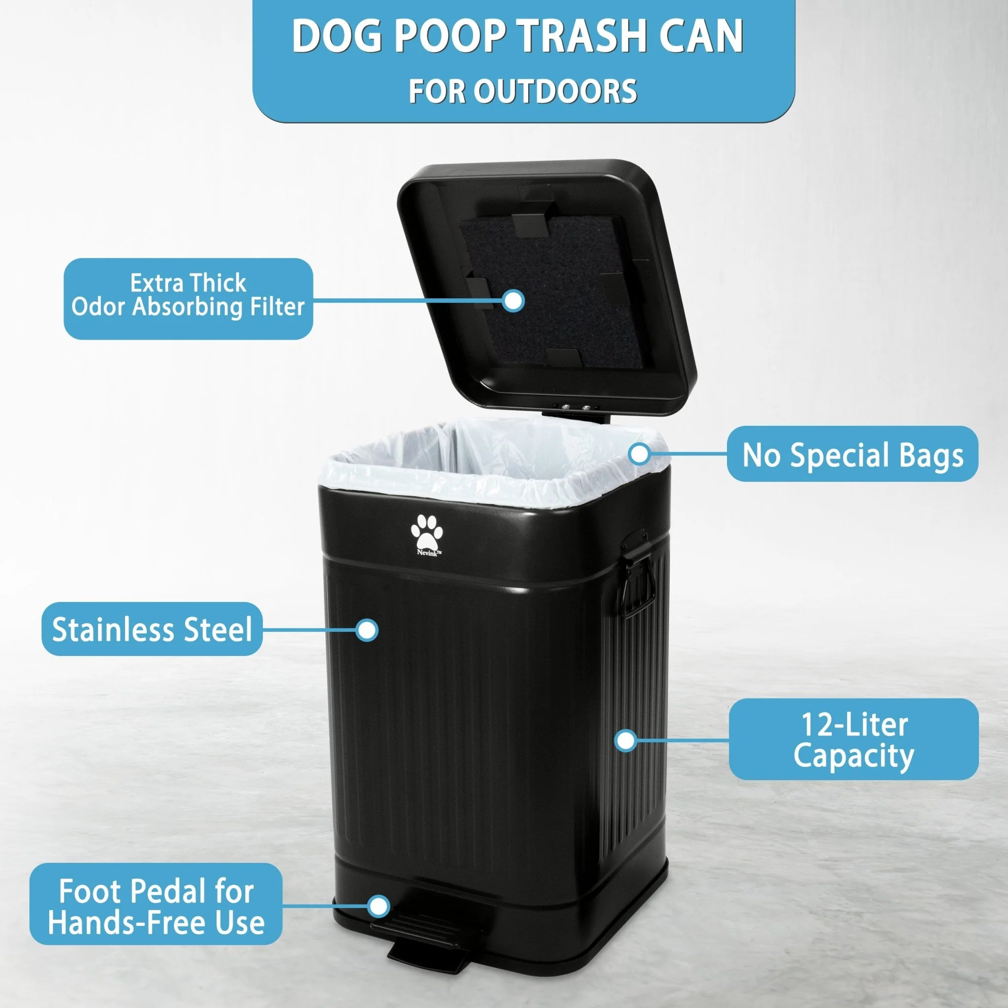 Nevink Dog Poop Trash Can & Filters for Outdoors – 12 Liter, Odor Control, Hands-Free, Weather Resistant - Image 15