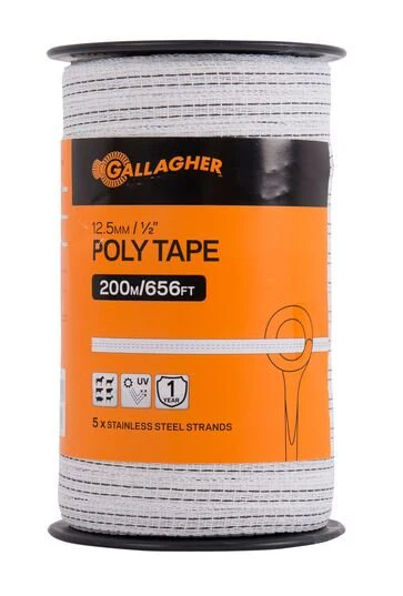 Gallagher 1/2" Poly Tape, 656 ft – Lightweight Electric Fence Tape, Five Conductive Strands, Lightweight and UV-Resistant, Ideal for Horses and Livestock on Short Fence Lines